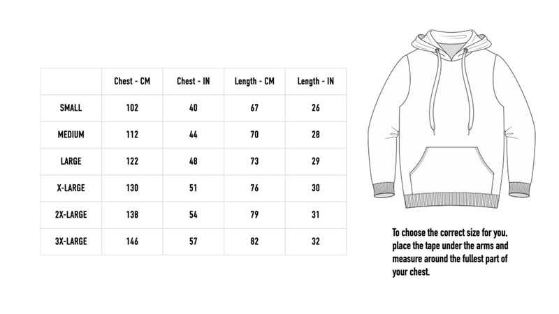 Size chart for Flaming Logo Hoodie - Black